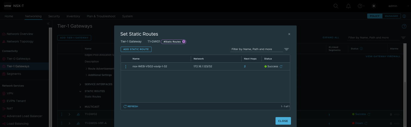 Tier-I Gateways Tiera Gateways Loa:i Set Static Routes Tier.' Gateway TM3W01 Route by Pam and 172.161123/32 CLOSE 